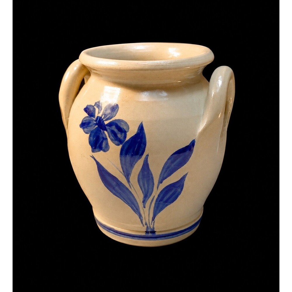 Vintage Williamsburg Salt Glaze Pottery 5" Jug Pot, Cobalt Blue Flower #E4576